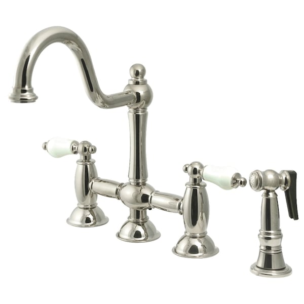 KS3798PLBS Restoration Bridge Kitchen Faucet W/ Brass Sprayer, Nickel